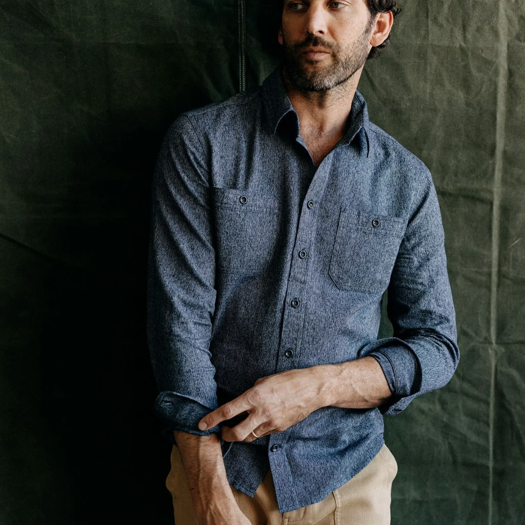 The Utility Shirt in Rinsed Indigo Herringbone