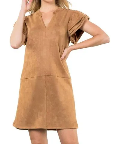 THML Flutter Sleeve Faux Suede Midi Dress In Camel