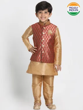 VASTRAMAY Boys' Gold Cotton Silk Blend Kurta, Waistcoat and Pyjama Set