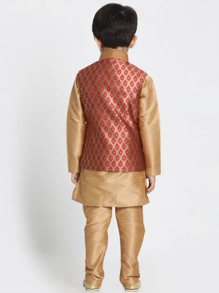 VASTRAMAY Boys' Gold Cotton Silk Blend Kurta, Waistcoat and Pyjama Set