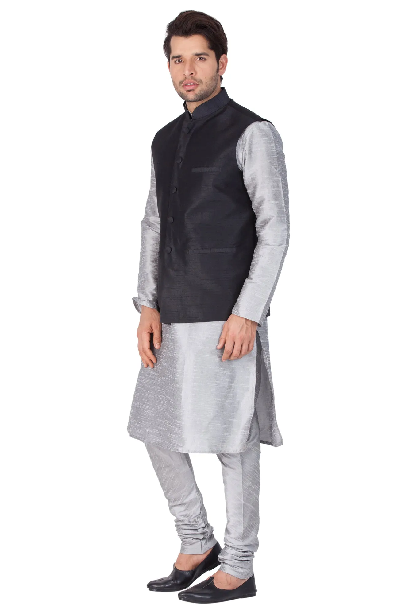 VASTRAMAY Men's Grey Cotton Silk Blend Kurta, Ethnic Jacket and Pyjama Set