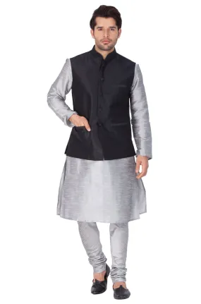 VASTRAMAY Men's Grey Cotton Silk Blend Kurta, Ethnic Jacket and Pyjama Set