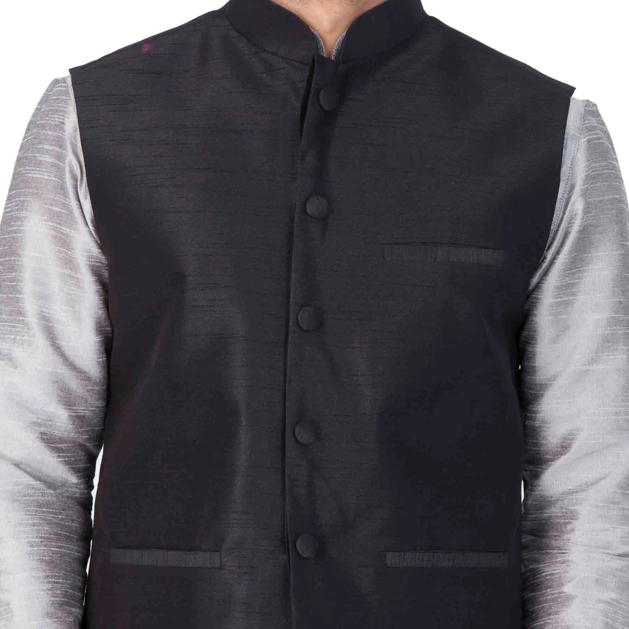 VASTRAMAY Men's Grey Cotton Silk Blend Kurta, Ethnic Jacket and Pyjama Set