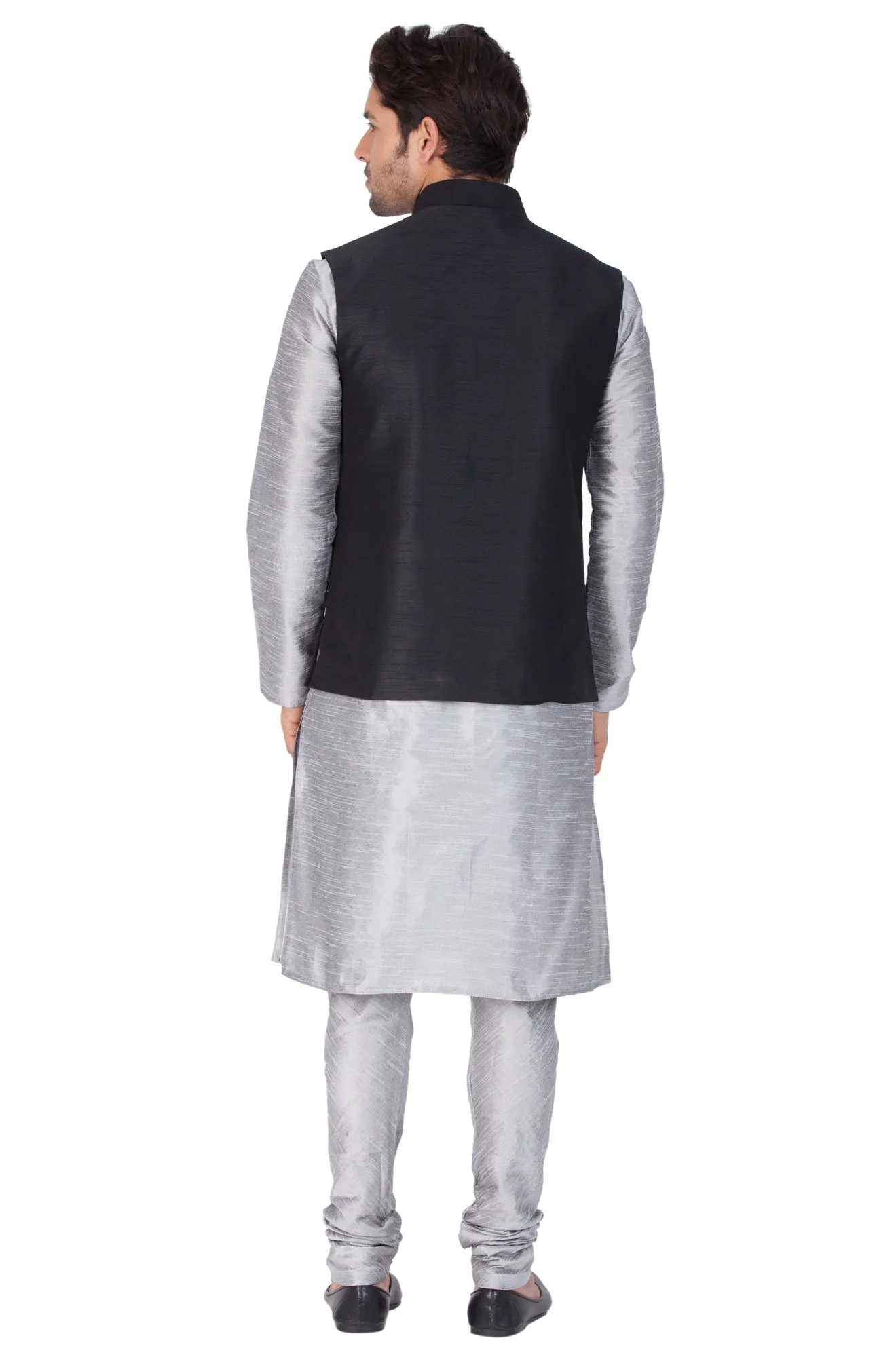 VASTRAMAY Men's Grey Cotton Silk Blend Kurta, Ethnic Jacket and Pyjama Set