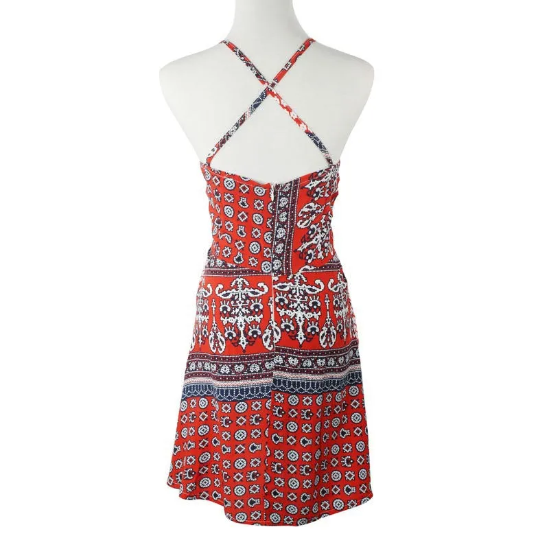 Vestido Women Sleeveless Backless Cross Painting Beach Cocktail Party Dress