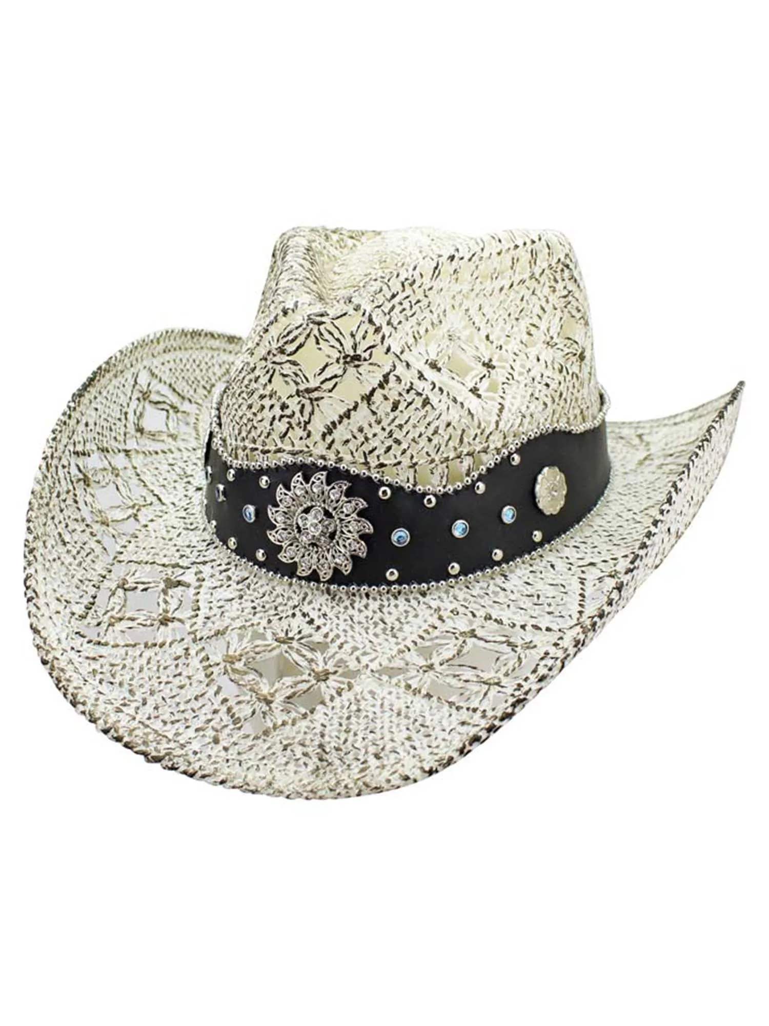 White Antiqued Straw Cowboy Hat With Jeweled Band