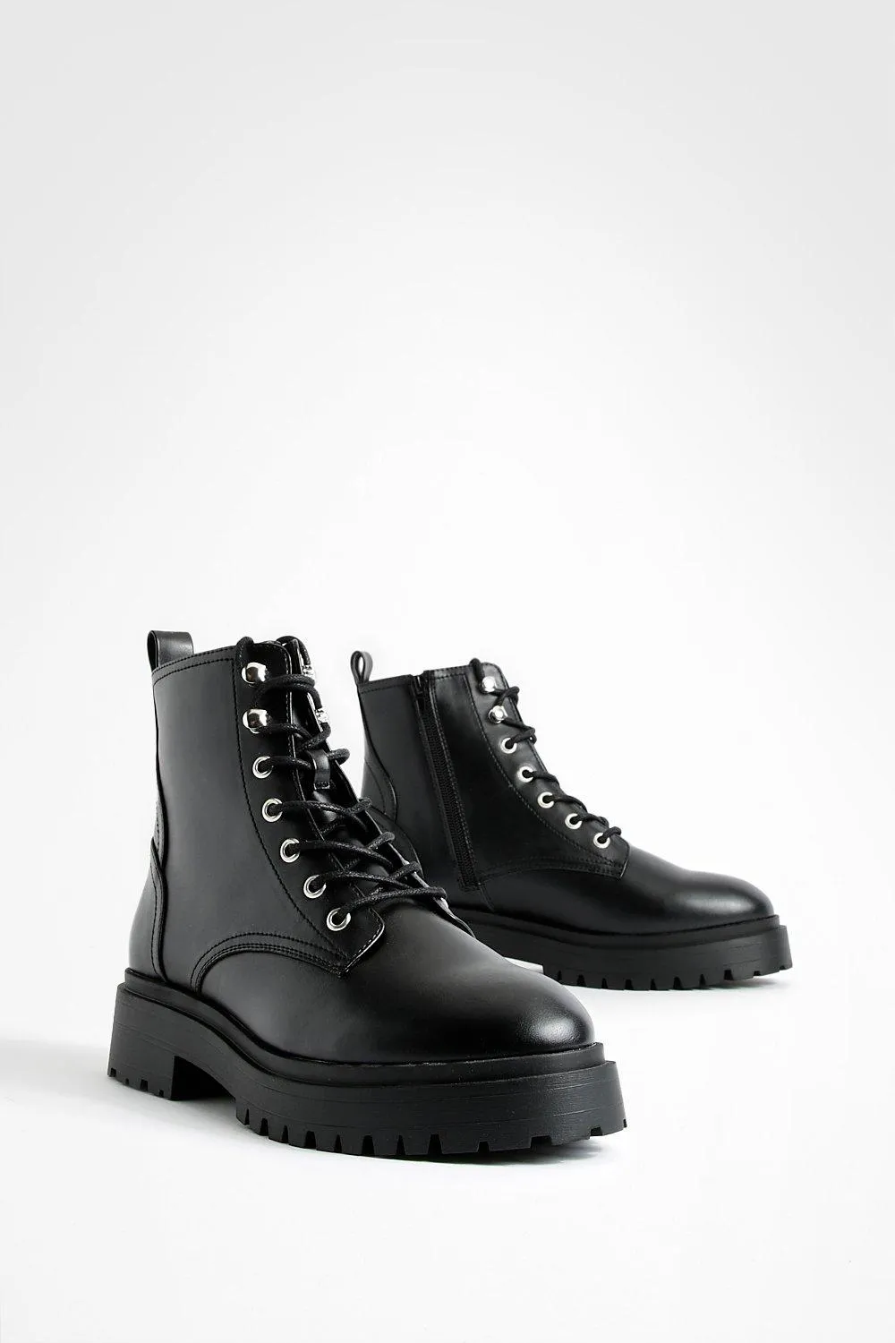 Wide Width Tab Detail Chunky Lace Up Combat Boots