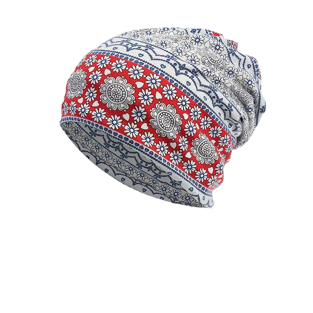 Women Full Cotton Non-allergenic Baotou Hat Bib Fashion Flower Printed Autumn Winter Plus Velvet Warm  Scarf Beanie Hat