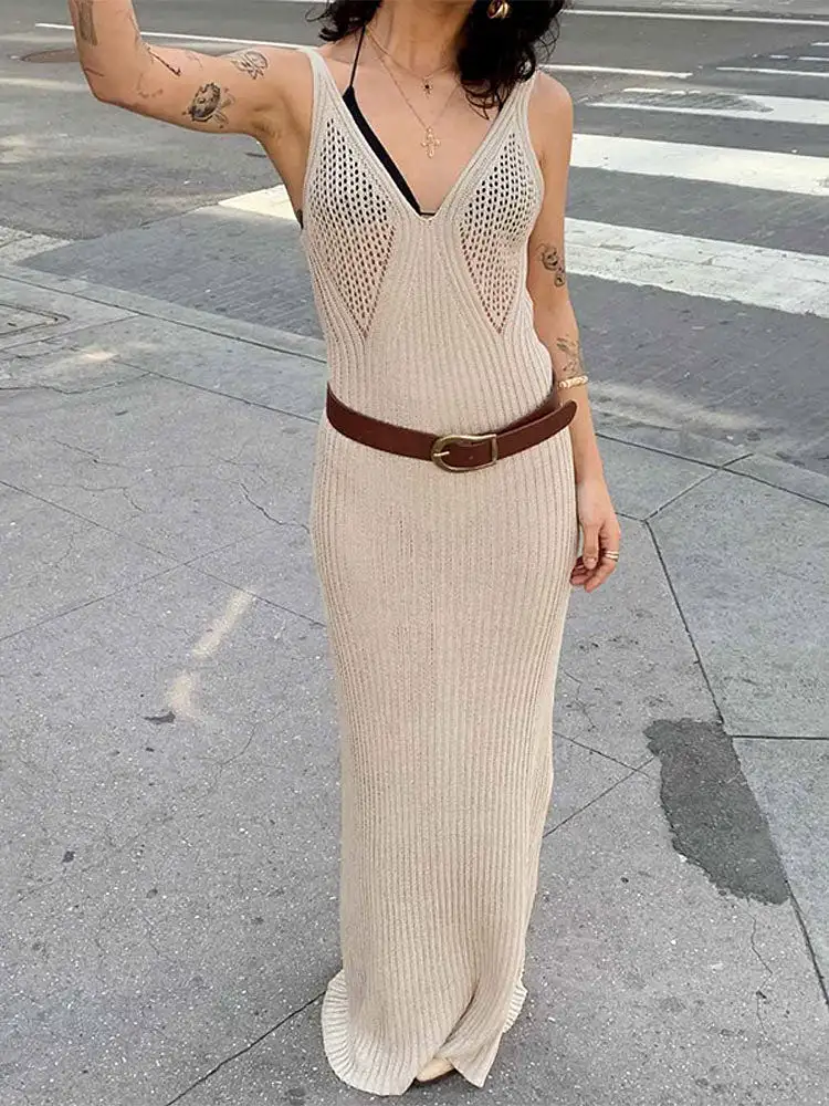 Women Sexy Backless Hollow Out See Through Knitted Dress Female Elegant V Neck Sleeveless Slim Dresses Lady Party Club Vestidos