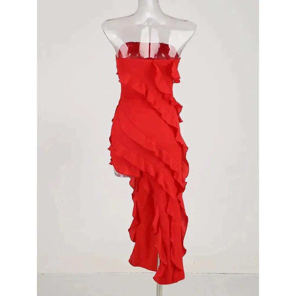 Women's Red Summer Sexy Sleeveless Slit Ruffles Backless Dress